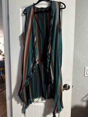 Lucky & Blessed Teal Multi-Striped Fringe Vest
